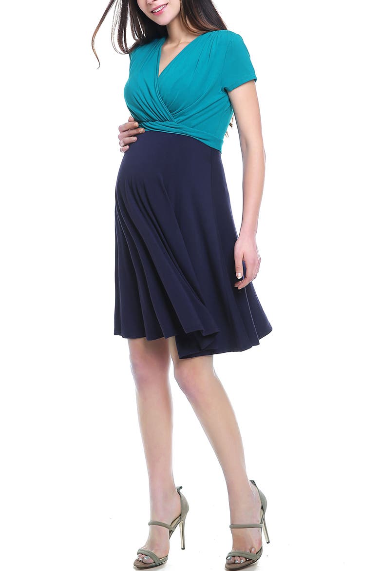 Sarah Faux Wrap Maternity/Nursing Dress, Alternate, color, Navy Teal