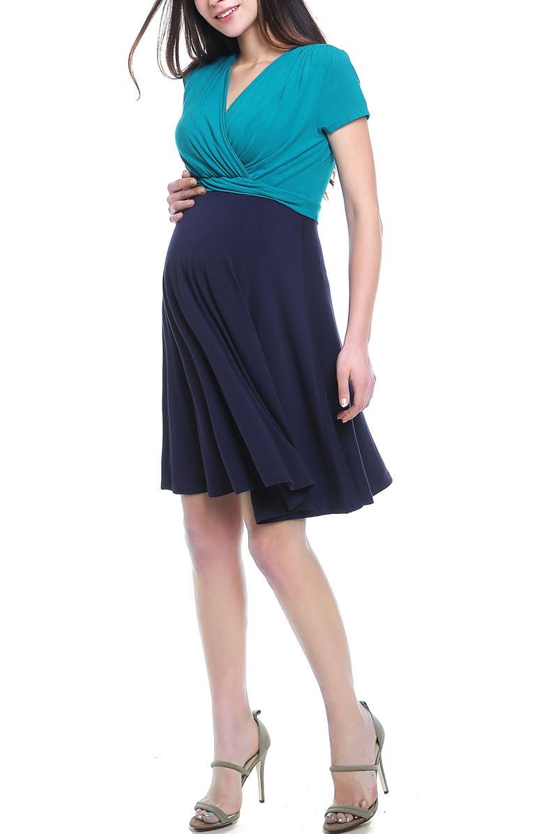 Kimi & Kai Sarah Faux Wrap Maternity/Nursing Dress, Alternate, color, Navy Teal