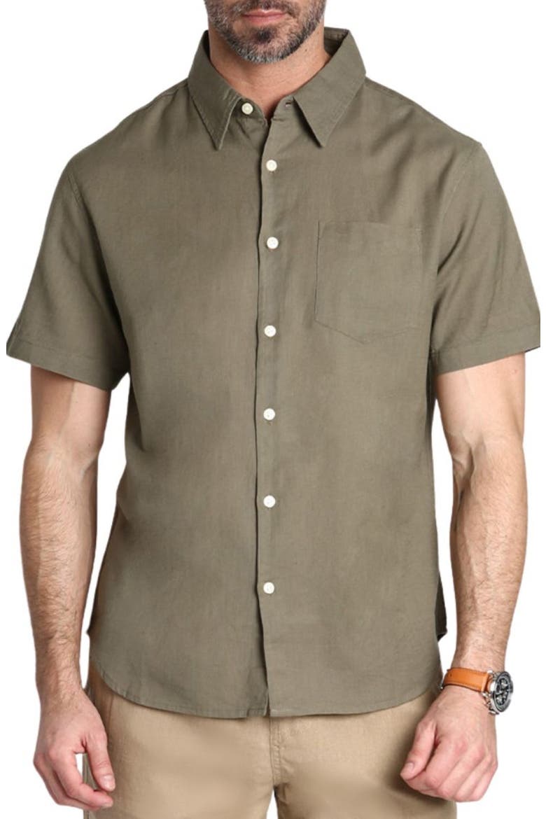 Solid Short Sleeve Cotton & Linen Button-Up Shirt, Main, color, ARMY