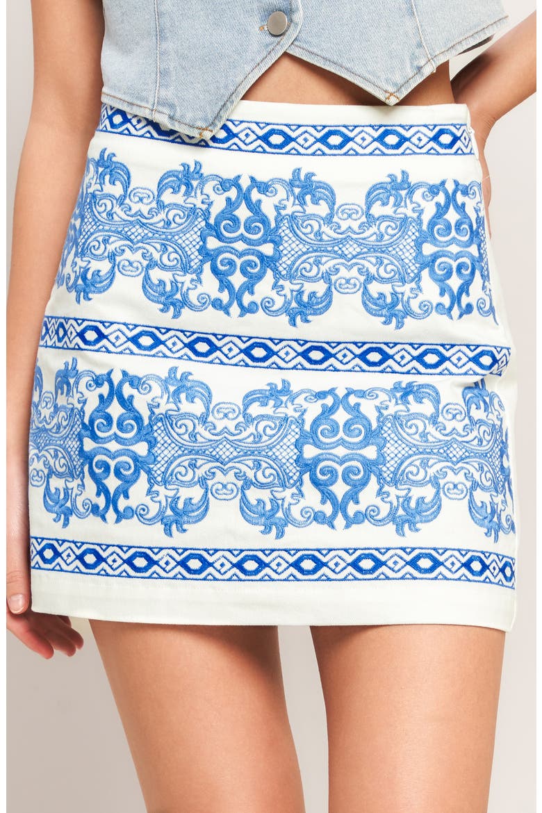 Embroidered Stretch Cotton Twill Miniskirt, Alternate, color, WHITE BLUE