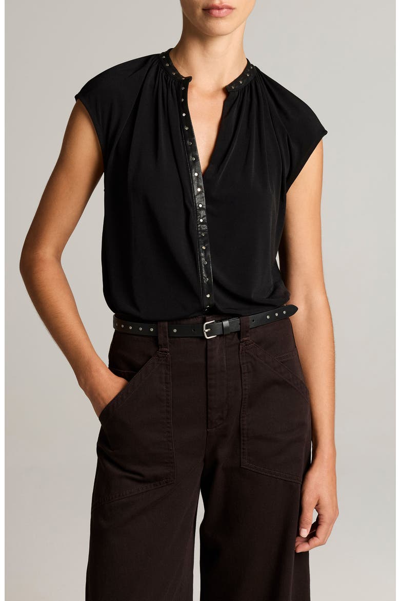Studded Split Neck Jersey Top, Main, color, BLACK