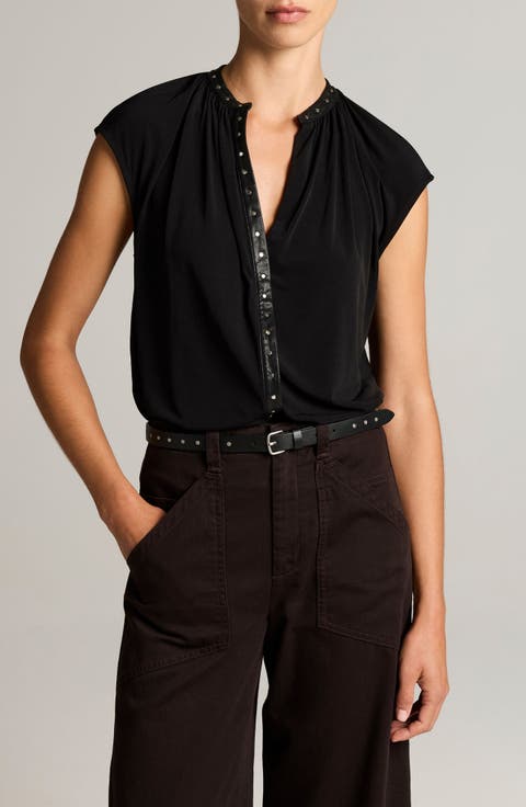 Studded Split Neck Jersey Top
