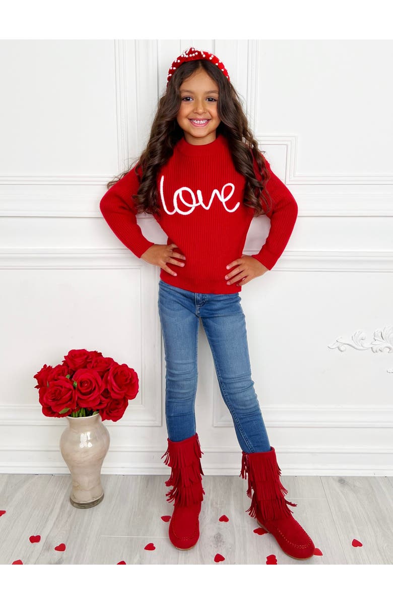 Mia Belle Girls Love At First Sight Embroidered Chunky Knit Sweater, Alternate, color, Red