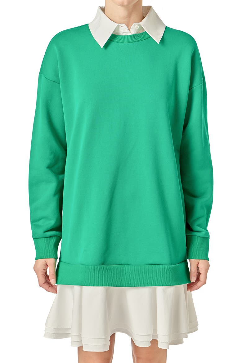 Long Sleeve Mixed Media Sweatshirt Minidress, Alternate, color, KELLY GREEN