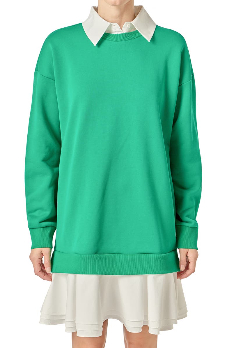 English Factory Long Sleeve Mixed Media Sweatshirt Minidress, Alternate, color, Kelly Green