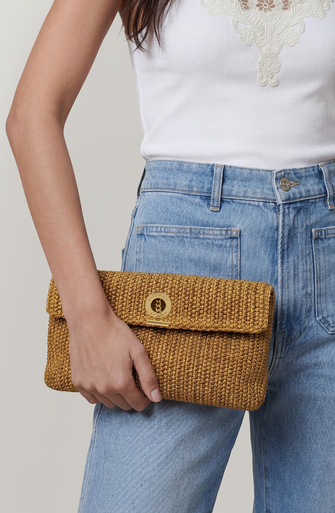 Veronica Beard Anchor Raffia Clutch, Alternate, color, Gold