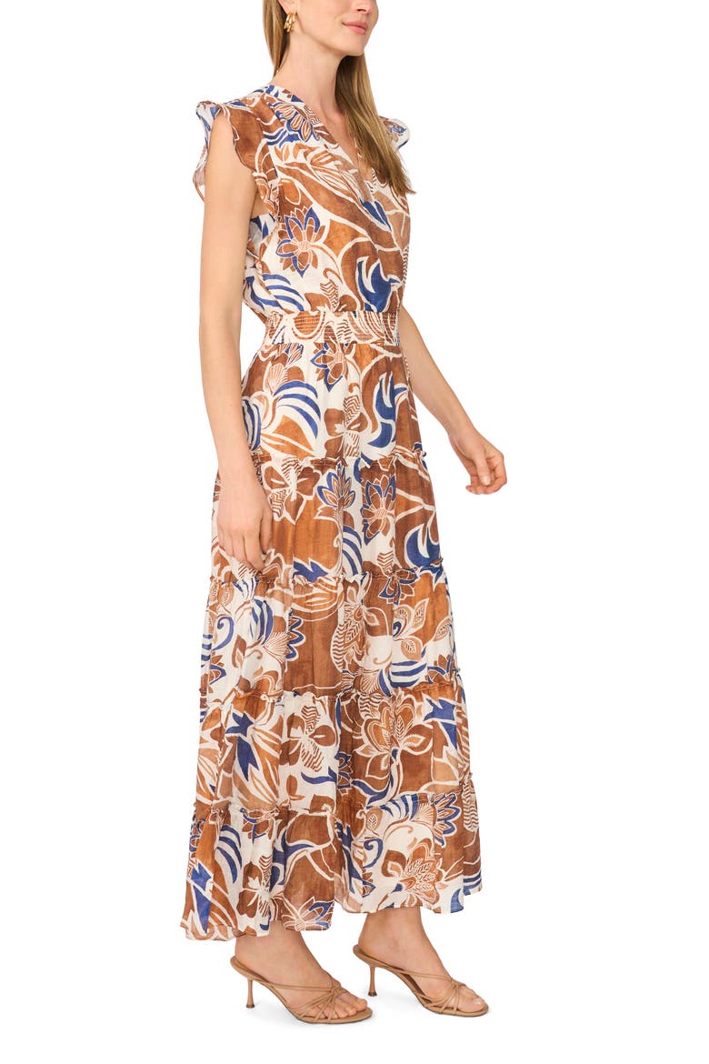 Ruffle Sleeve Smocked Waist Tiered Maxi Dress, Alternate, color, CREAM MULTI