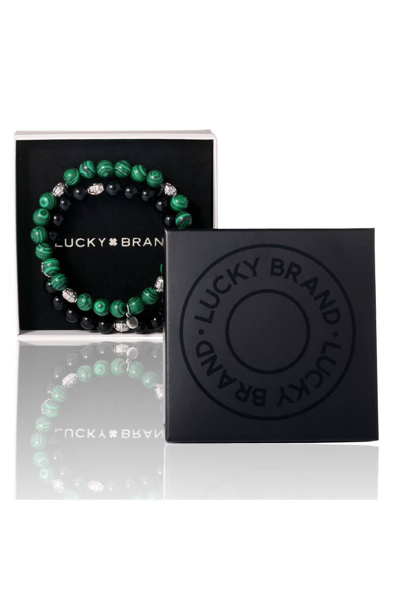 Lucky Brand Two-Piece Stone Beaded Stretch Bracelets, Alternate, color, Green, Black, Silver