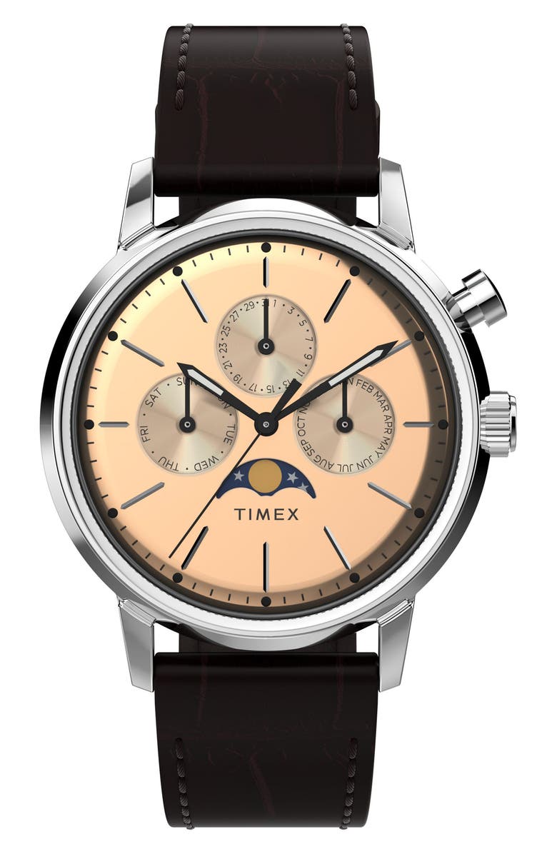 Timex<sup>®</sup> Marlin Moon Phase Leather Strap Watch, 40mm, Main, color,