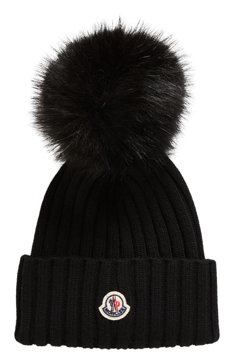 Moncler Virgin Wool Rib Beanie with Faux Fur Pompom, Main, color, 