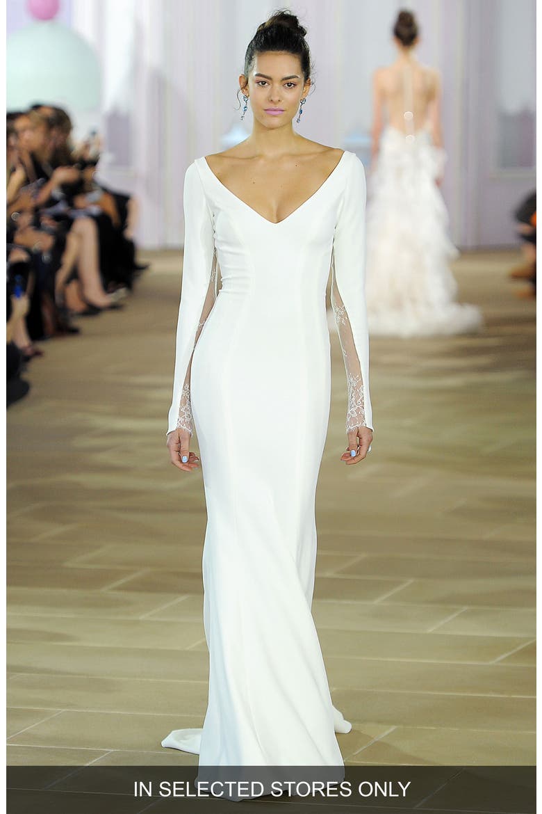 Madeline Lace Inset Silk Crepe Sheath Gown, Main, color, OFF WHITE