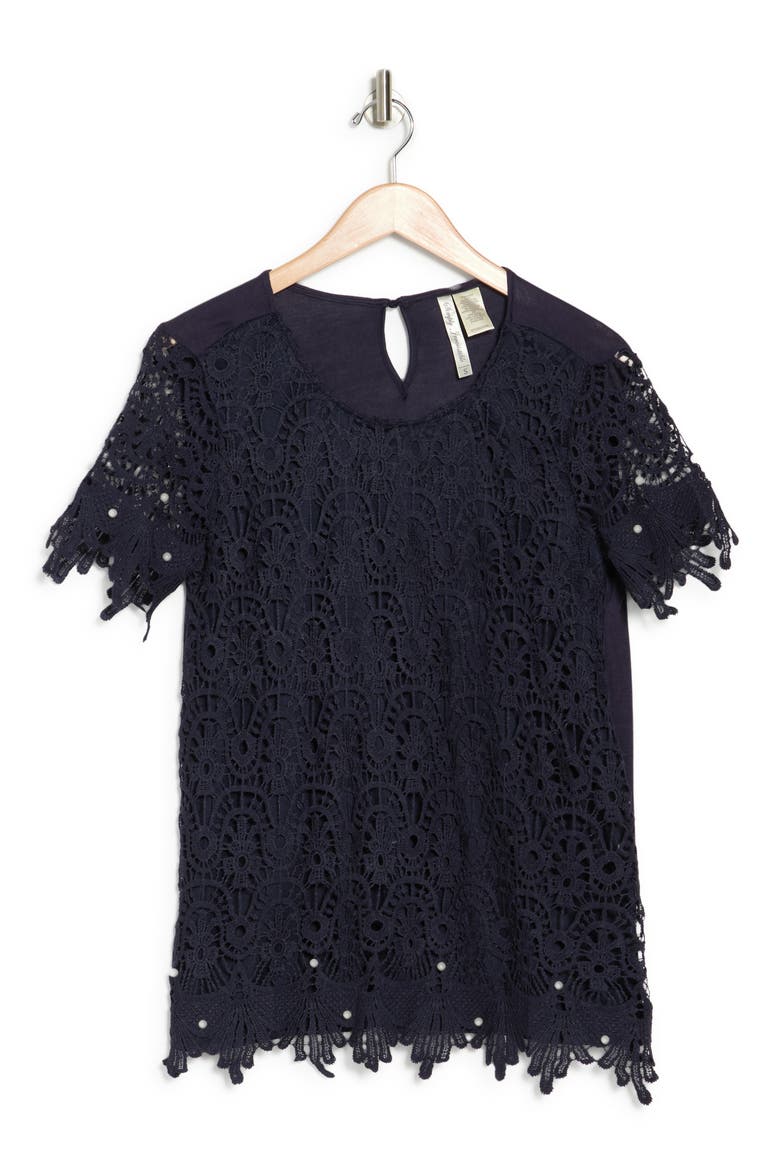 Crochet Lace Short Sleeve Top, Alternate, color, NAVY