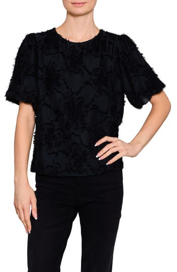 Melloday Texture Bubble Sleeve Top In Black