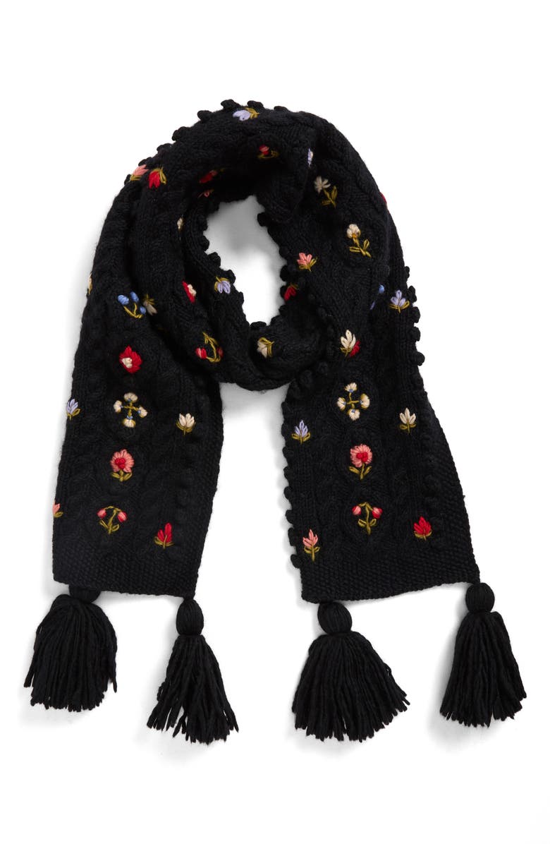 FRENCH KNOT Narrow Cable Knit Scarf, Main, color, Black