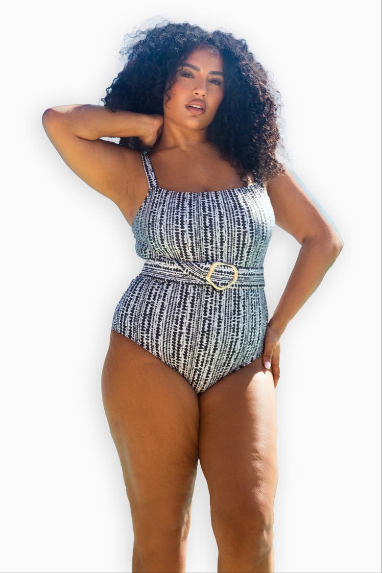 Square Neck Sculpting Belted Swimsuit, Alternate, color, Black