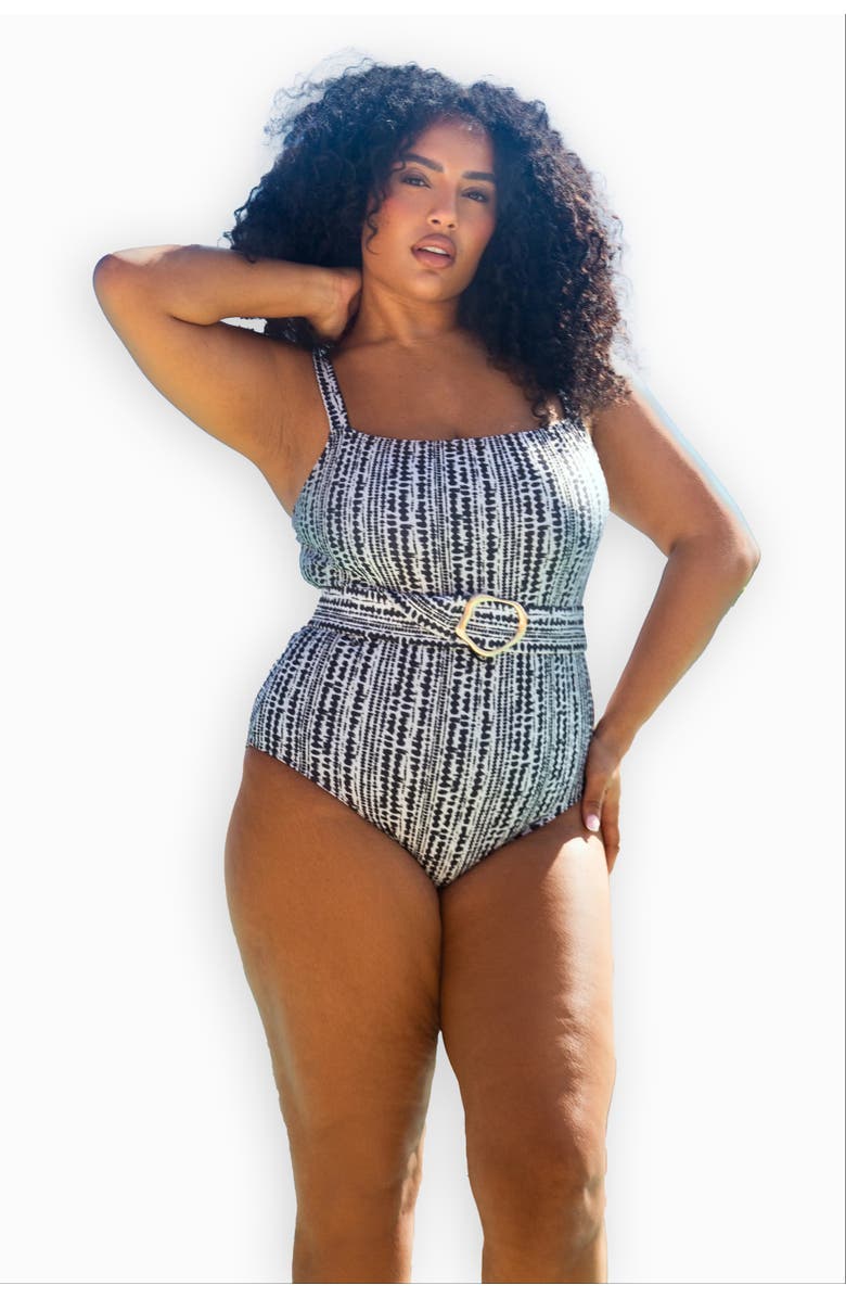 FASHION-SZN CURVE Square Neck Sculpting Belted Swimsuit, Alternate, color, Black