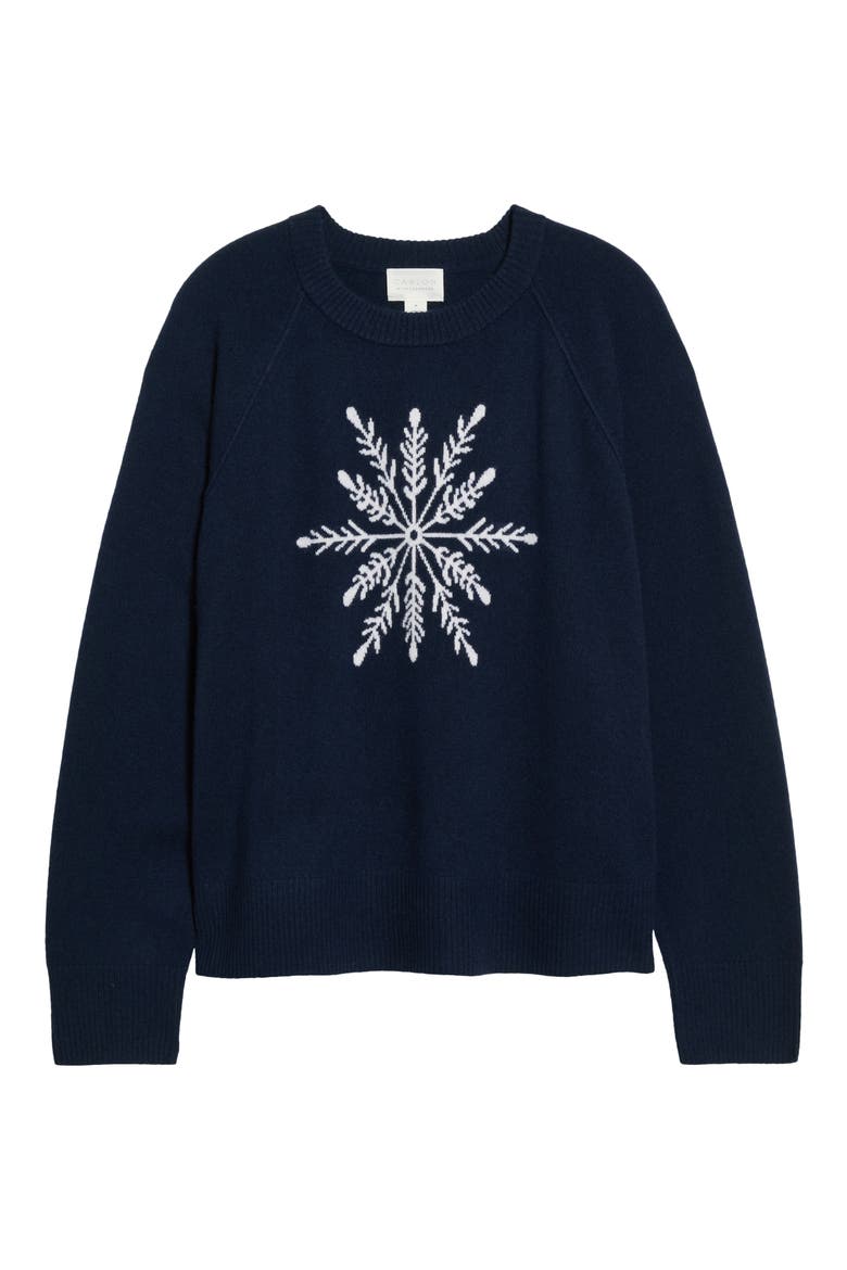 Wool and Cashmere Intarsia Crewneck Sweater, Alternate, color, NAVY- IVORY SNOWFLAKE