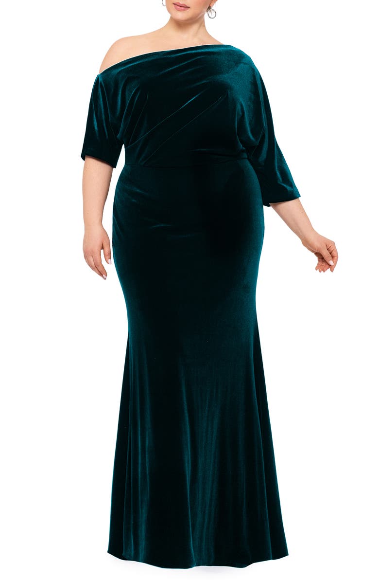 Betsy & Adam One-Shoulder Ruched Velvet Gown, Main, color, 