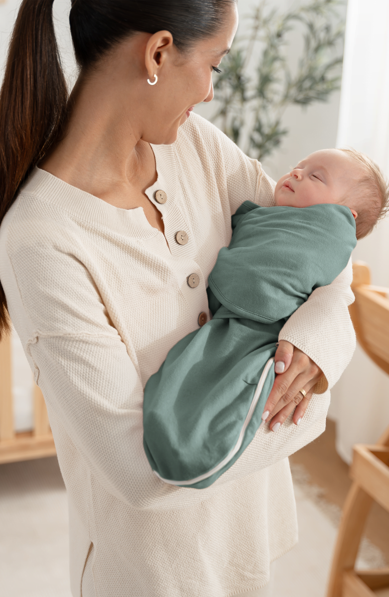 Comfy Cubs Easy Swaddle Blankets with Zipper, Alternate, color, Stone, Sage, Azul