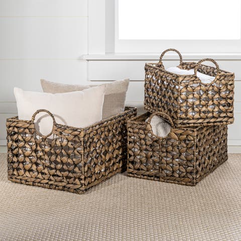 Quinn Bohemian Cottage Woven Hyacinth Rectangular Storage Baskets with Handles, (Set of 3)