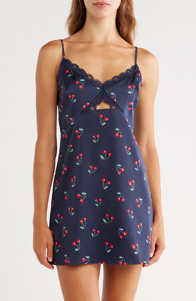 Abound Lace Trim Satin Chemise, Main, color, Navy Cherries