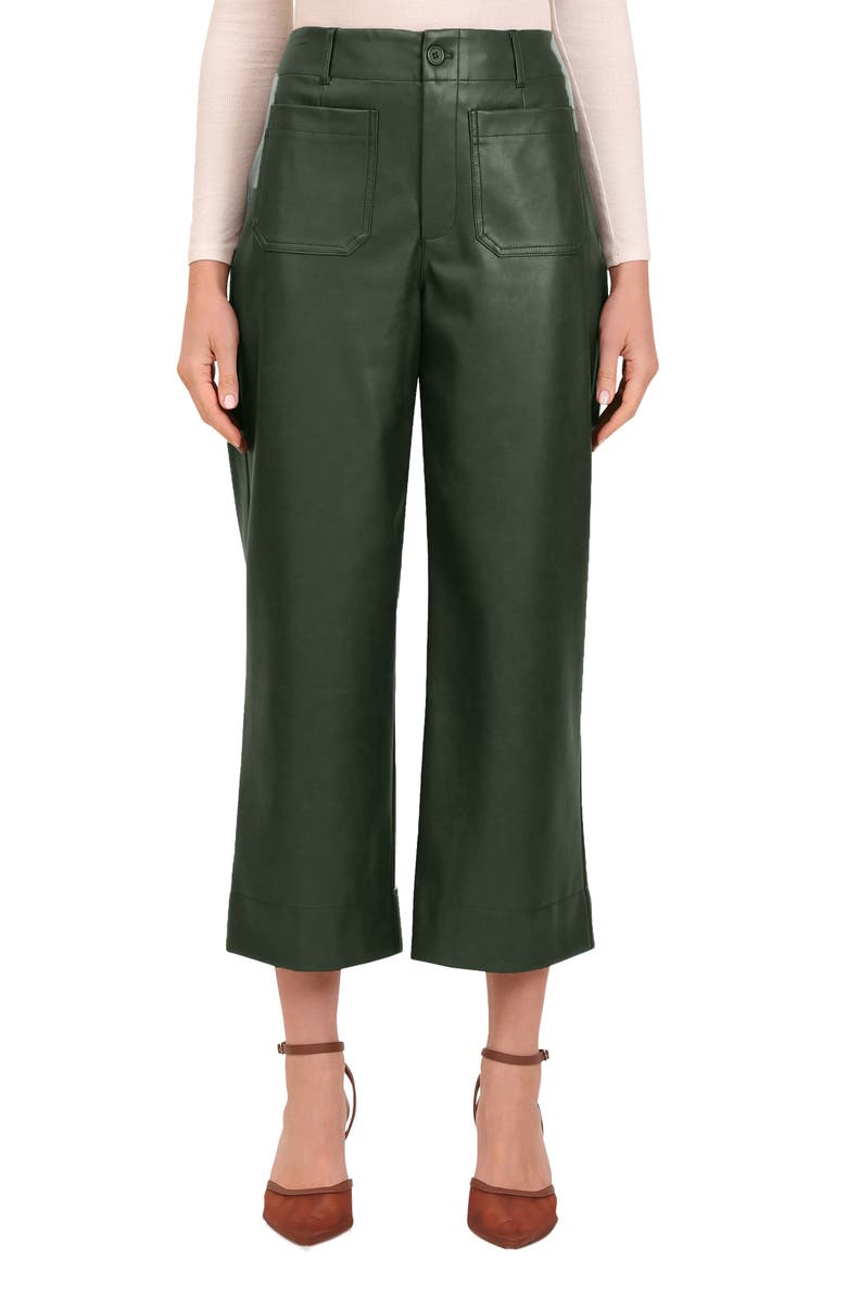 Bagatelle Patch Pocket Faux Leather Crop Wide Leg Pants, Main, color, Forest Green