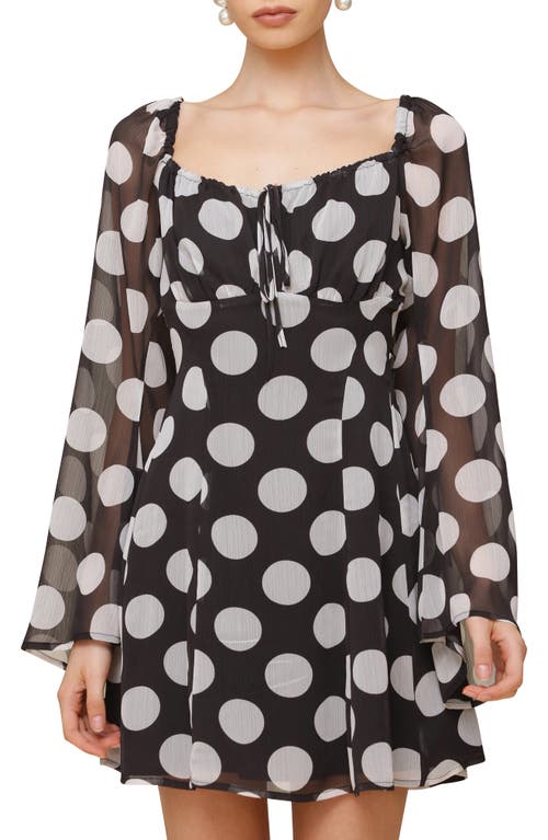 Avec Les Filles Dot Long Sleeve Chiffon Minidress In Black White Dot