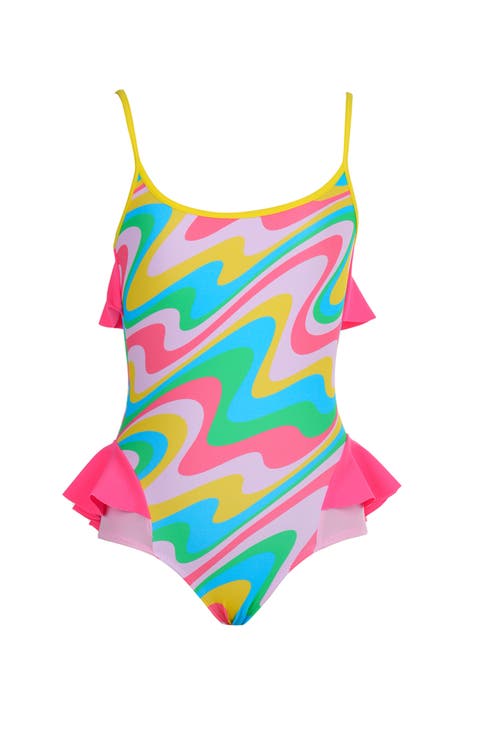 Sporty Multi-Color Neon Orbit Side Ruffles One-Piece Swimsuit