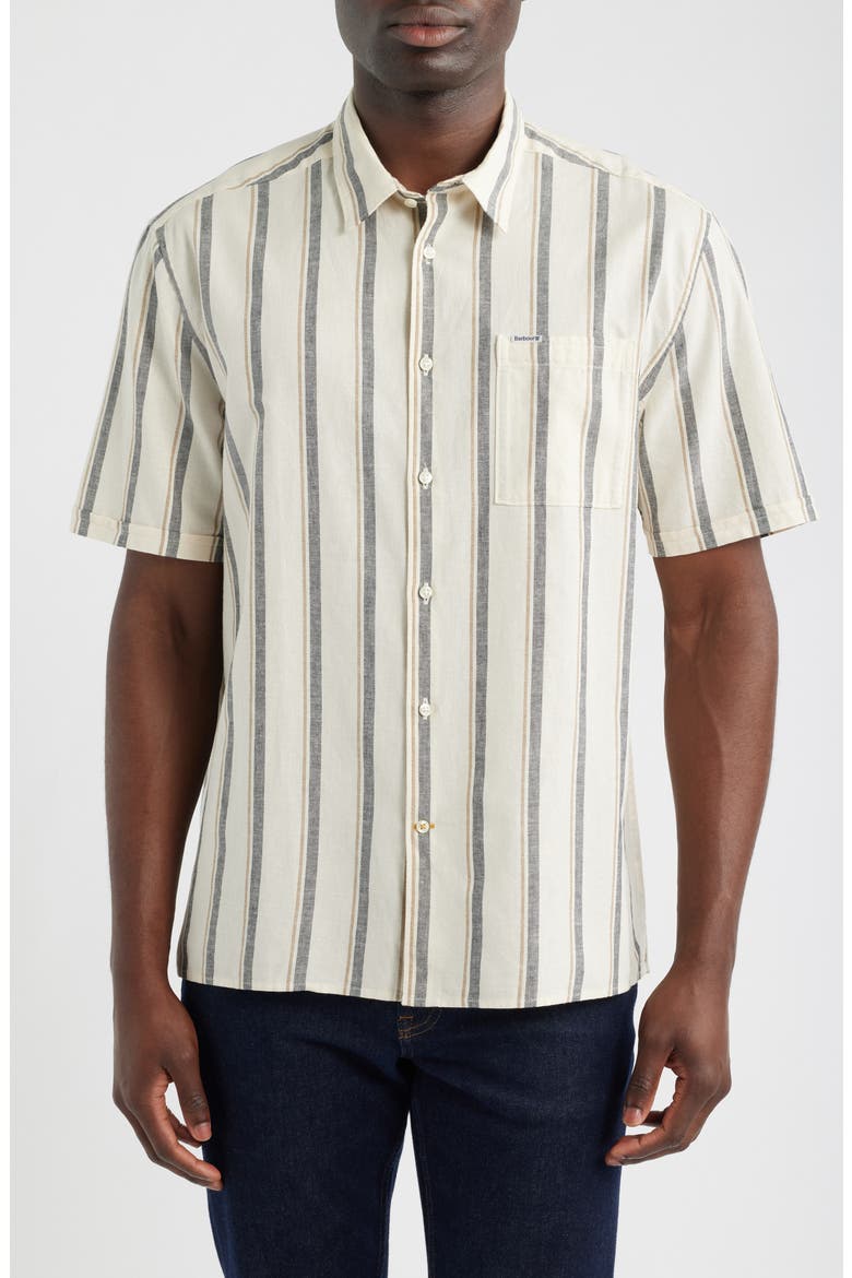 Barkend Stripe Summer Short Sleeve Cotton & Linen Button-Up Shirt, Main, color, WHISPER WHITE