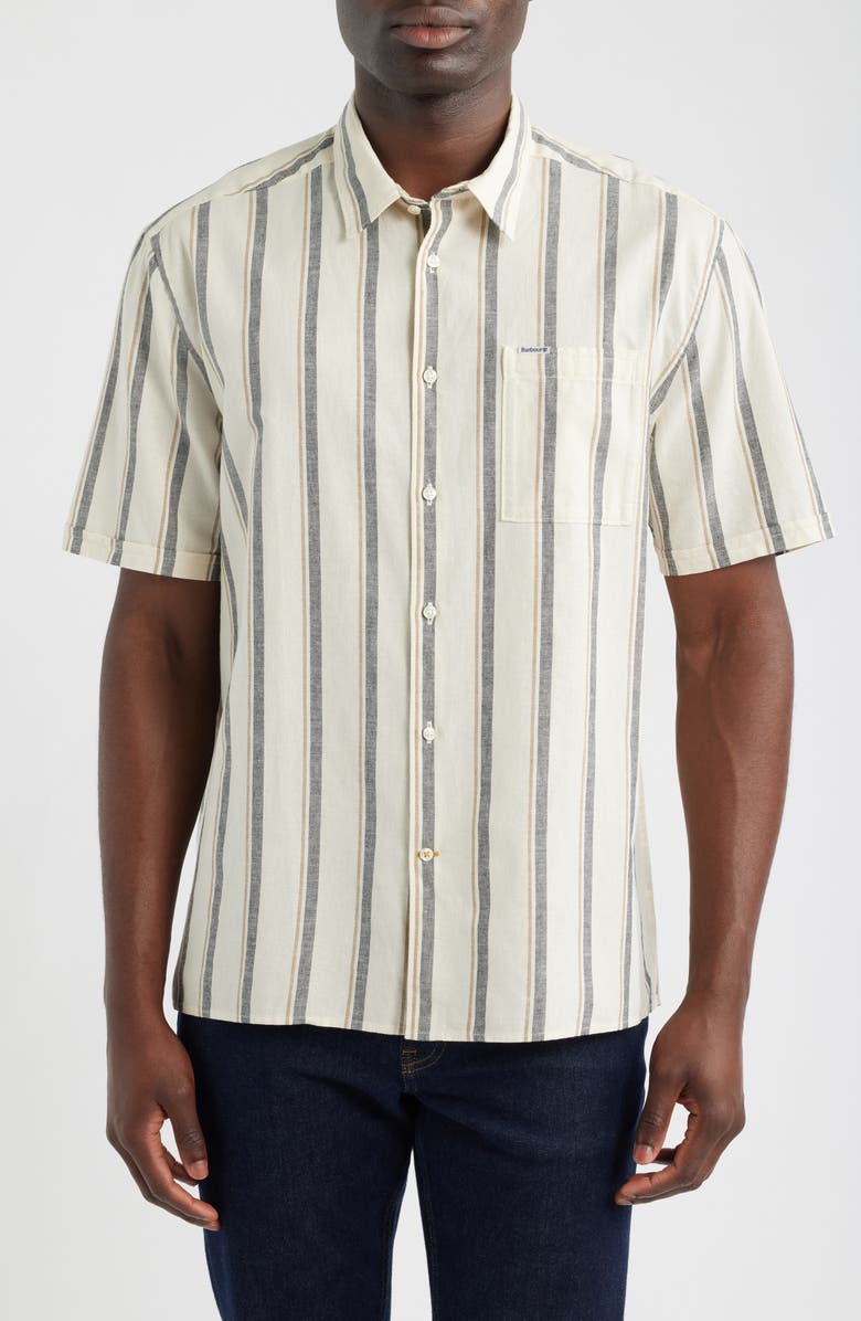 Barbour Barkend Stripe Summer Short Sleeve Cotton & Linen Button-Up Shirt, Main, color, Whisper White