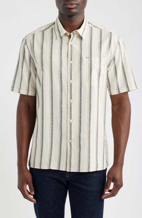 Barkend Stripe Summer Short Sleeve Cotton & Linen Button-Up Shirt