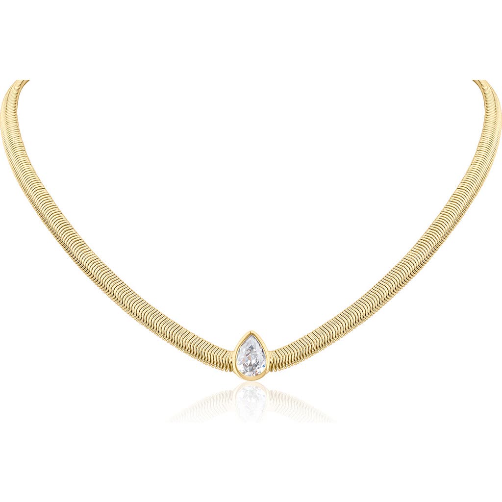 Cz By Kenneth Jay Lane Teardrop Cubic Zirconia Herringbone Chain Necklace In Gold