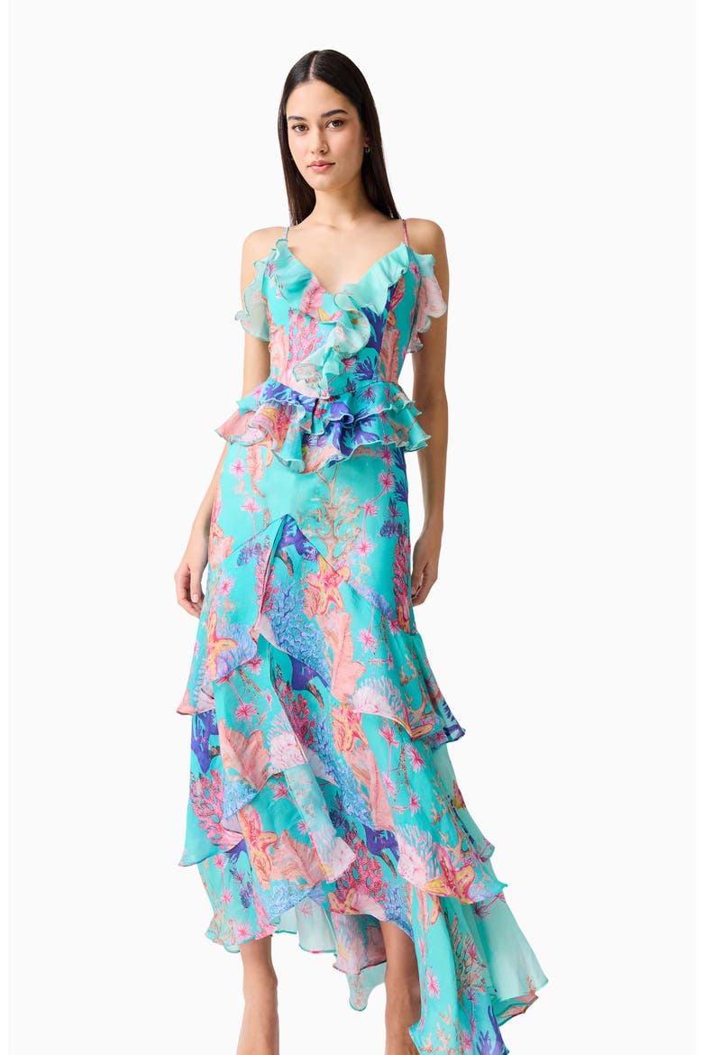 Coral Print Tiered High-Low Gown, Alternate, color, BLUE MULTI