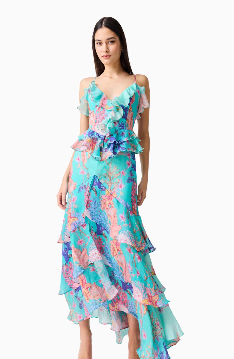 Elliatt Coral Print Tiered High-Low Gown, Alternate, color, Blue Multi
