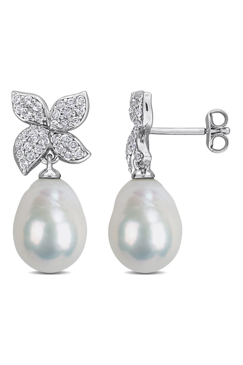 9-10mm Cultured Freshwater Pearl & White Topaz Drop Earrings, Main, color, WHITE