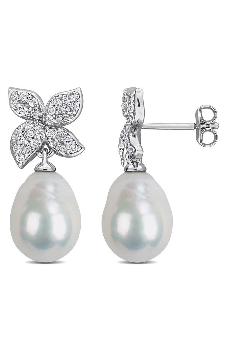 DELMAR 9-10mm Cultured Freshwater Pearl & White Topaz Drop Earrings, Main, color, White