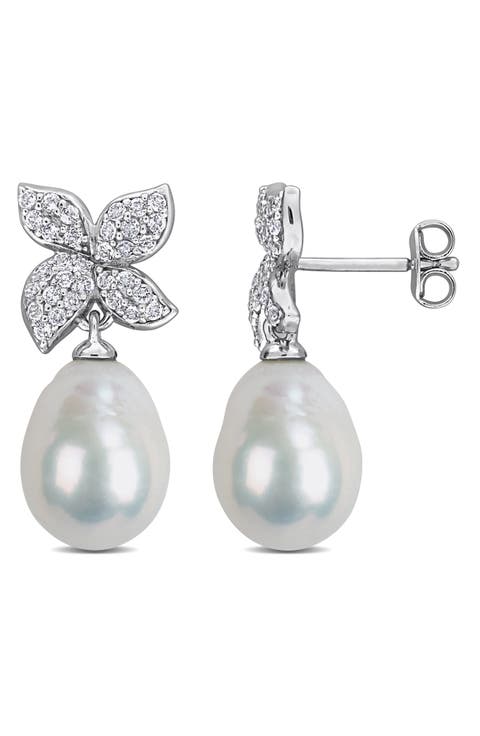 9-10mm Cultured Freshwater Pearl & White Topaz Drop Earrings