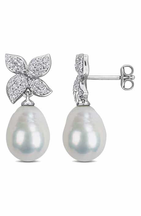 DELMAR 9-10mm Cultured Freshwater Pearl & White Topaz Drop Earrings