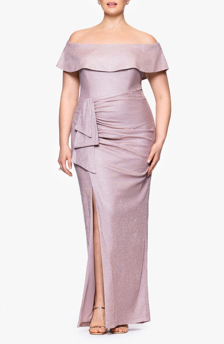 Xscape Evenings Metallic Ruffle Off the Shoulder Gown, Main, color, 