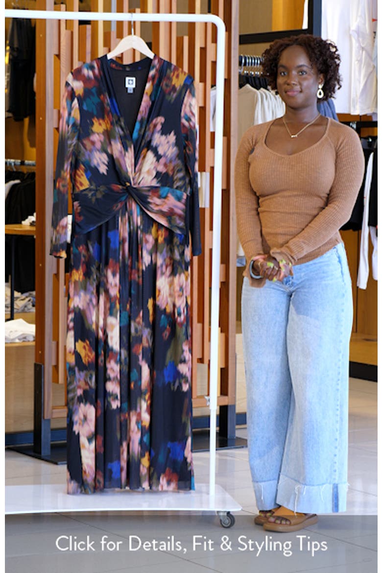 Blurred Floral Twist Front Long Sleeve Mesh Maxi Dress video