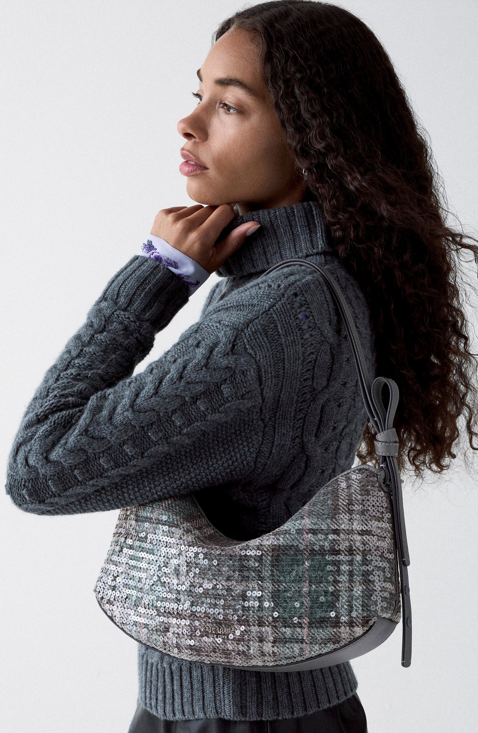 Loop Sequin Plaid Boucle Shoulder Bag, Alternate, color, GREY.