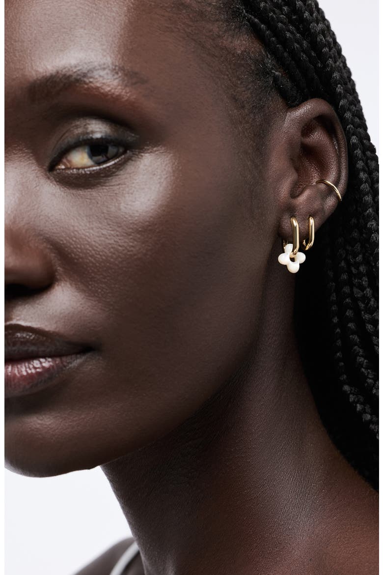 Cassia Puffy Flower Mother-of-Pearl Hoop Drop Earrings, Alternate, color, GOLD / WHITE