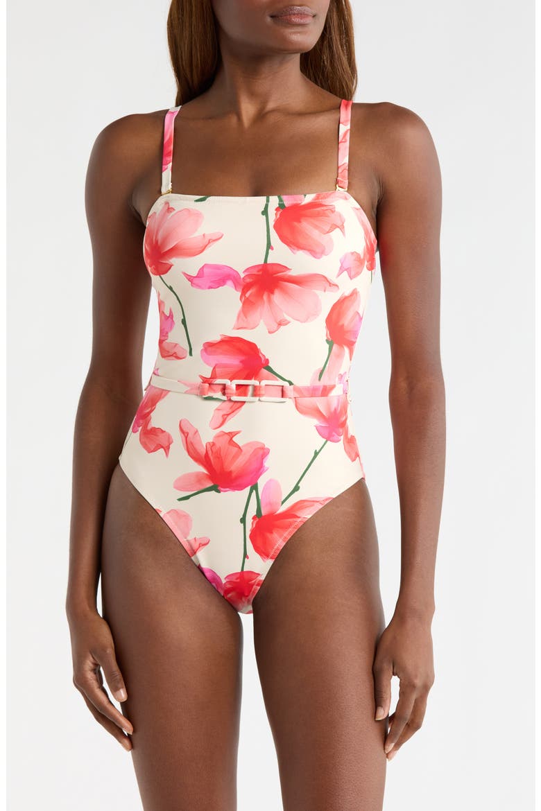 Chain Belt One-Piece Swimsuit, Alternate, color, IVORY/RED FLORAL