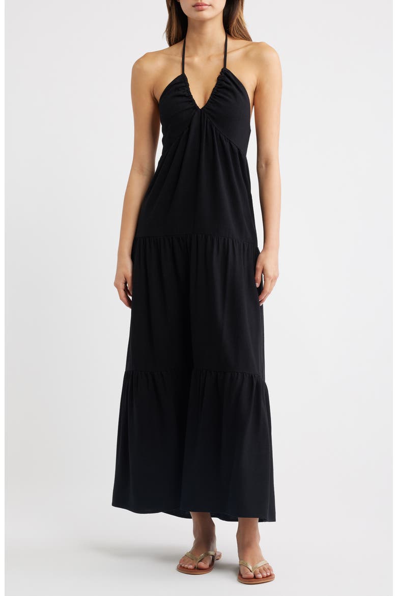 Kenna Tiered Halter Midi Dress, Main, color, BLACK