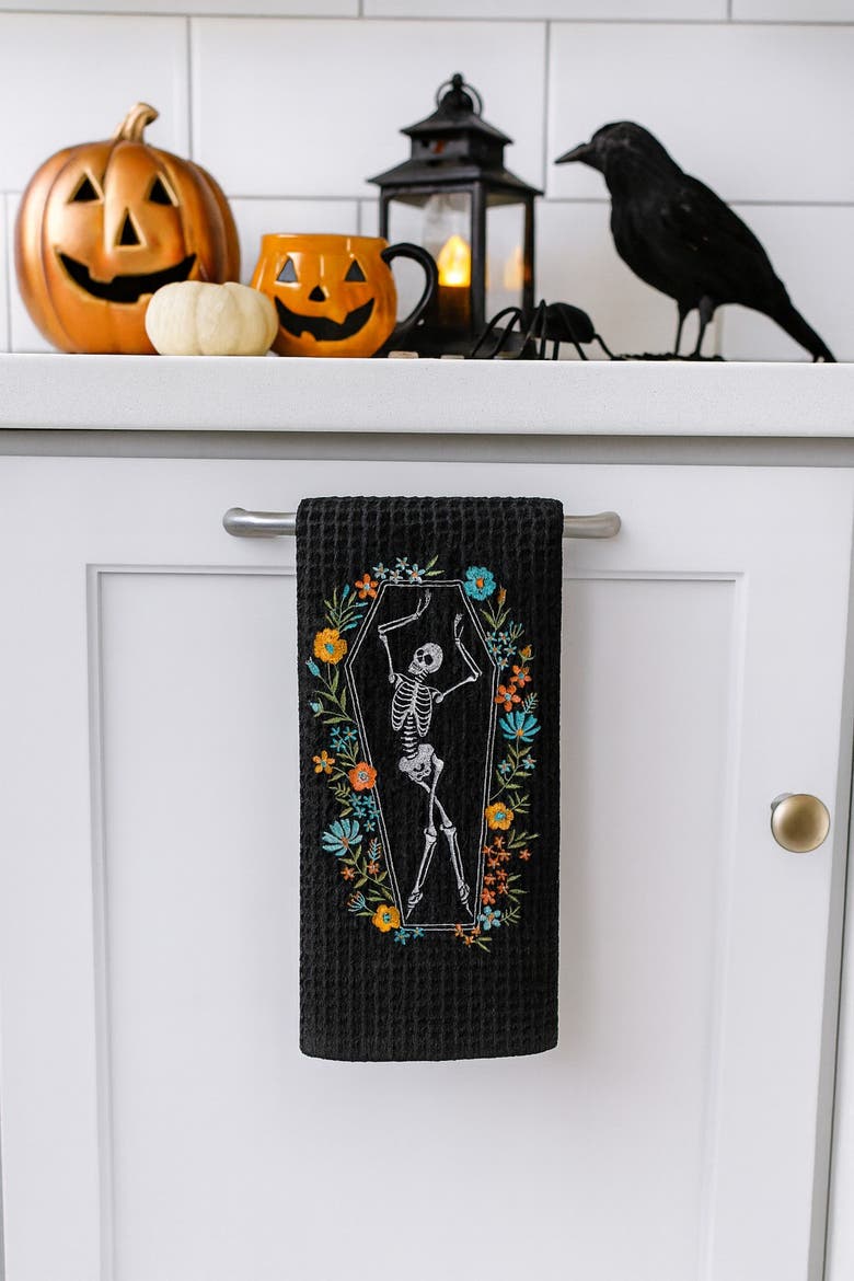 Halloween Dance Black Cotton Waffle Weave Dishtowel, Alternate, color, Black