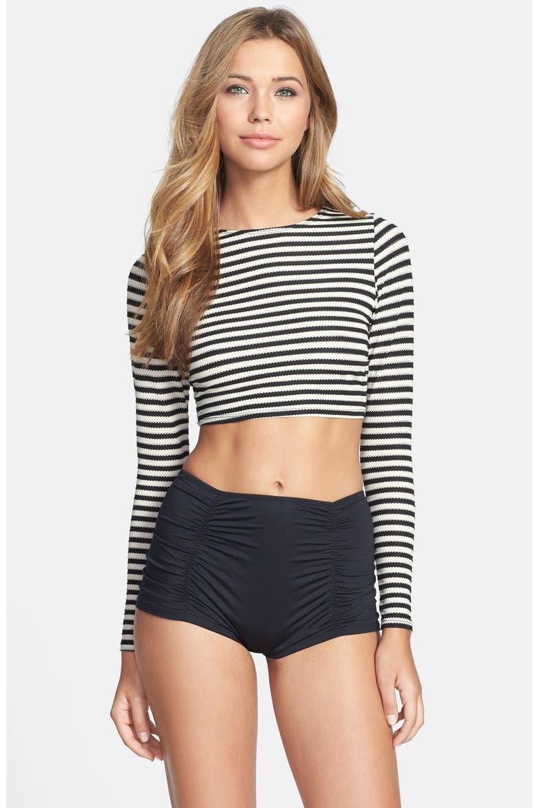 'Marilyn' Ruched High Waist Swim Shorts, Alternate, color, BLACK