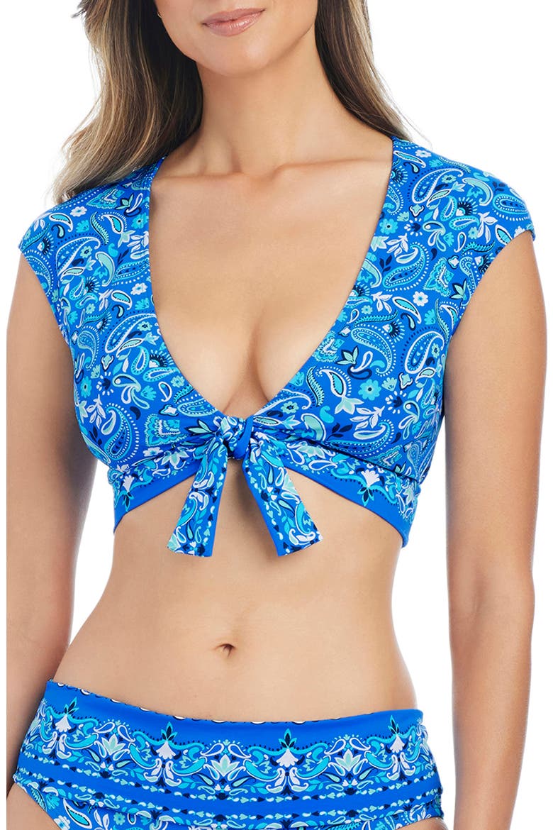 Tie Front Cap Sleeve Bikini Top, Main, color, BLEU DEPTHS