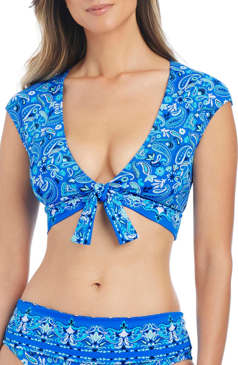 BLEU by Rod Beattie Tie Front Cap Sleeve Bikini Top, Main, color, 