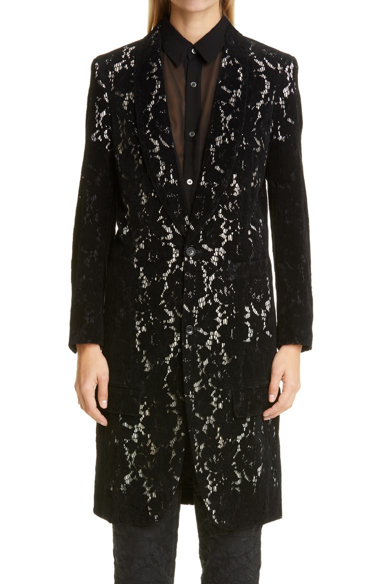 Flocked Lace Coat, Main, color, BLACK