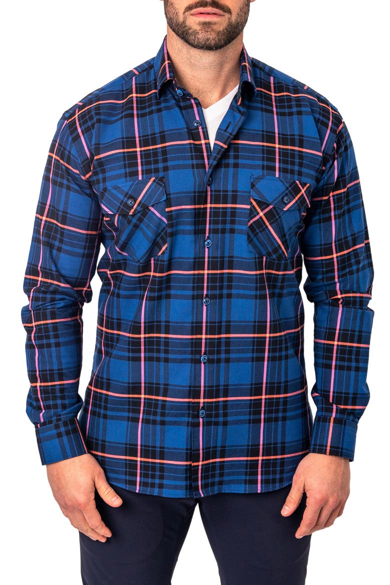 Plaid Embroidered Cotton Flannel Button-Up Shirt, Main, color, BLUE